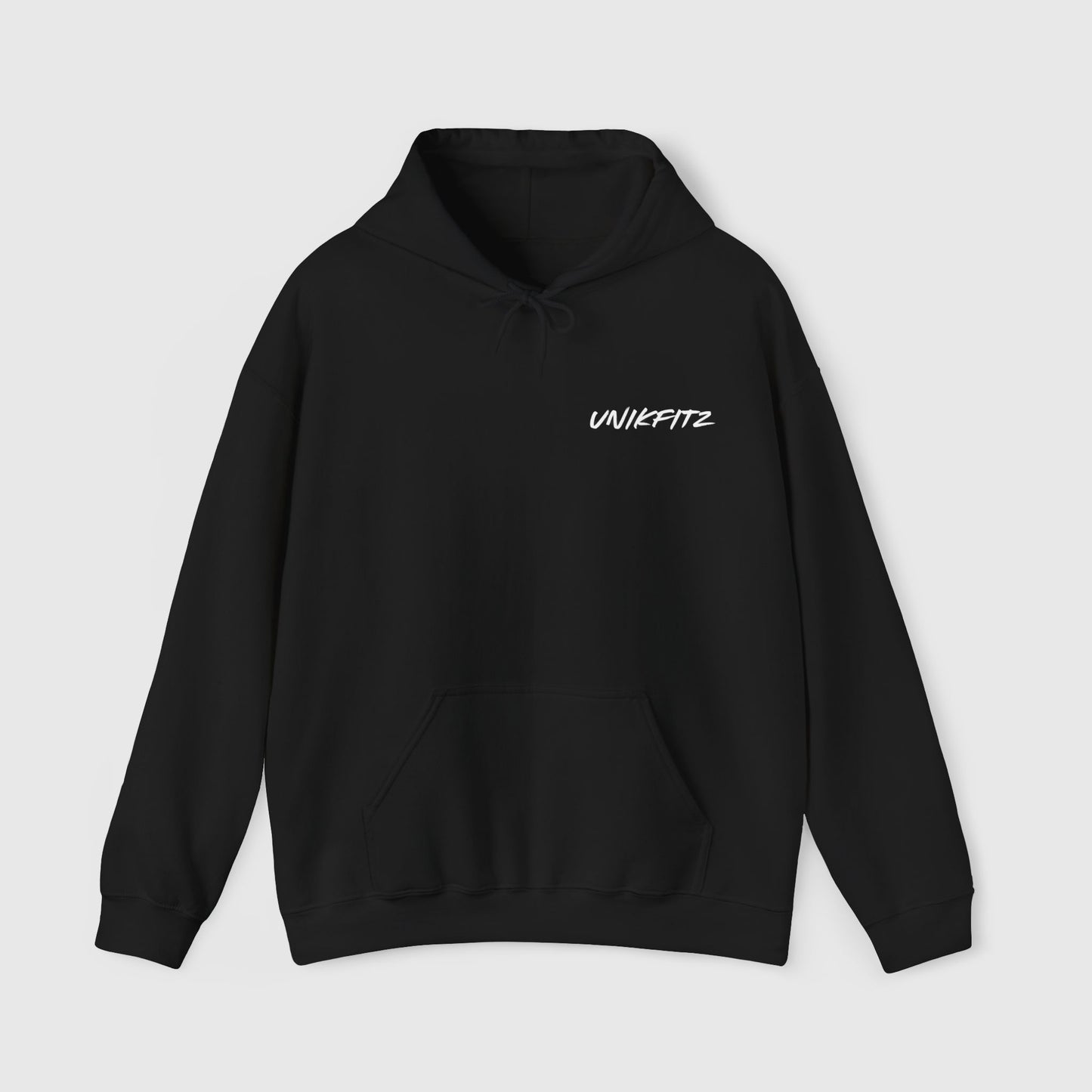 Front view of a black essential hoodie for men with a minimalist 'UNIKFITZ' logo on the chest. A versatile street wear piece perfect for men's clothing gym outfits and casual men's wear.