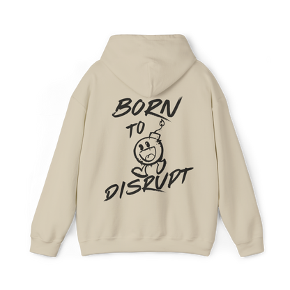 Back of Born to Disrupt Men's beige Hoodie featuring bold graffiti-style ‘Born to Disrupt’ typography with a playful bomb mascot. A statement Australian streetwear piece blending urban fashion with gym wear aesthetics. 