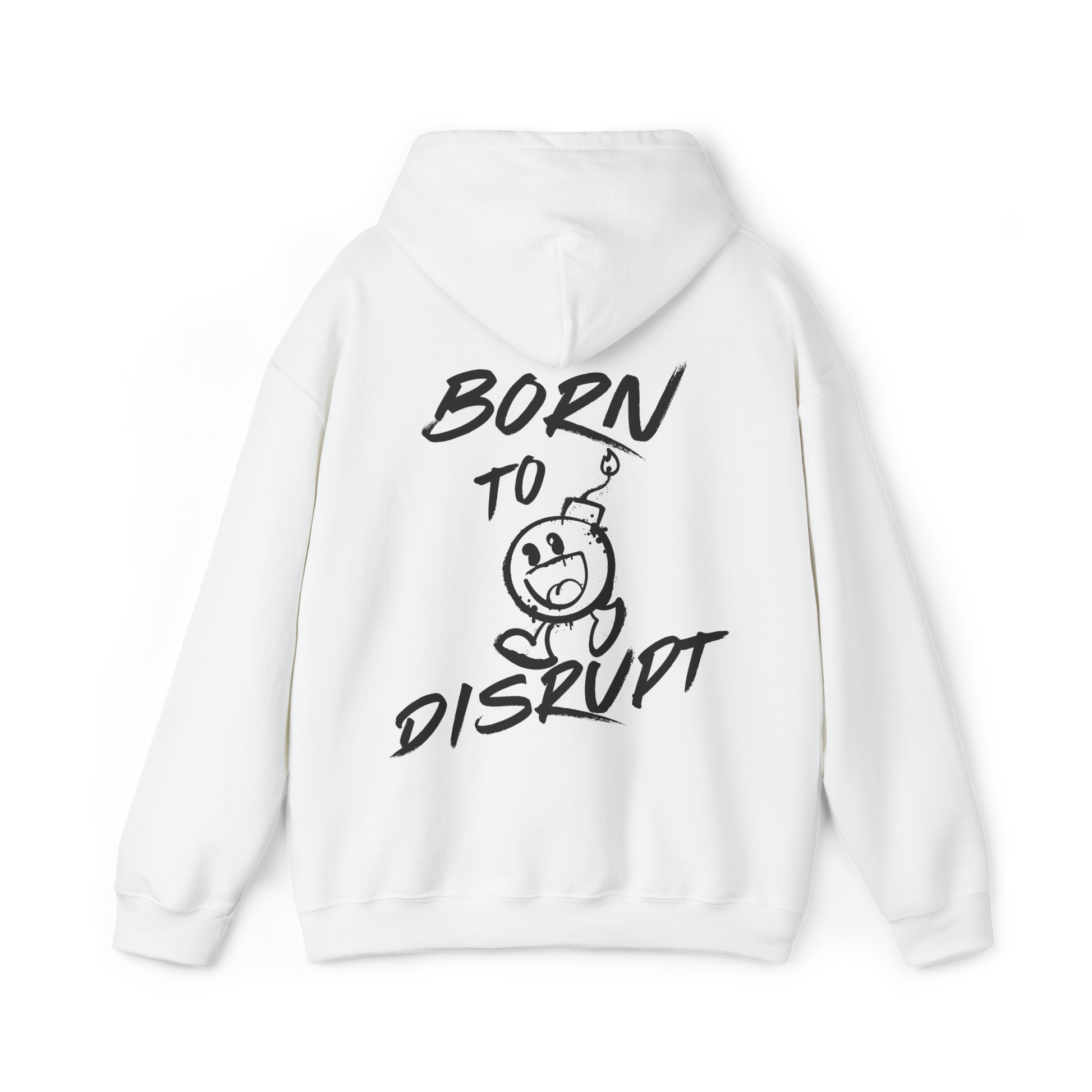 Back of Born to Disrupt Men's white Hoodie featuring bold graffiti-style ‘Born to Disrupt’ typography with a playful bomb mascot. A statement Australian streetwear piece blending urban fashion with gym wear aesthetics.