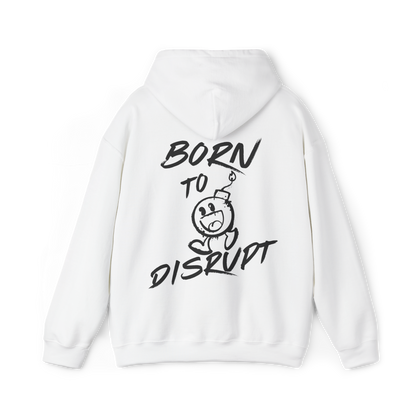Back of Born to Disrupt Men's white Hoodie featuring bold graffiti-style ‘Born to Disrupt’ typography with a playful bomb mascot. A statement Australian streetwear piece blending urban fashion with gym wear aesthetics.
