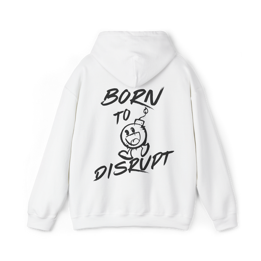 Back of Born to Disrupt Men's white Hoodie featuring bold graffiti-style ‘Born to Disrupt’ typography with a playful bomb mascot. A statement Australian streetwear piece blending urban fashion with gym wear aesthetics.