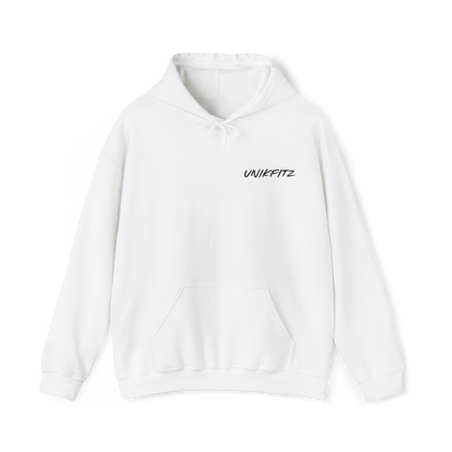 Born to Disrupt Men's Hoodie in classic white, featuring minimalist UNIKFITZ logo on the chest. A must-have essential t-shirt style streetwear hoodie for men’s wear and gym outfits
