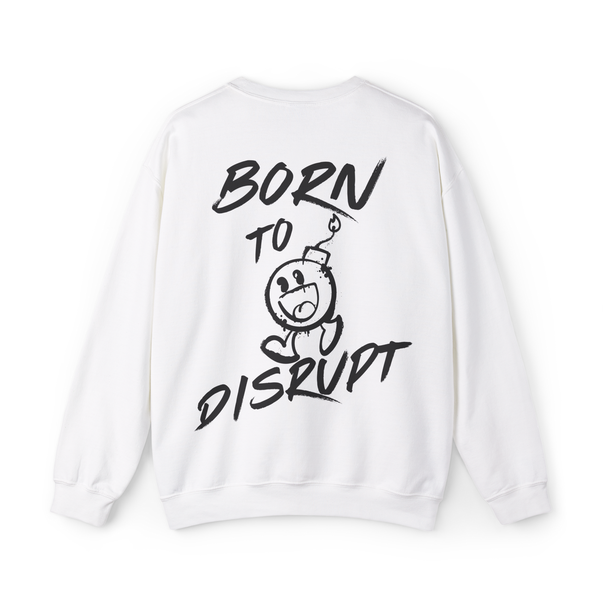 Back view of a white men's sweatshirt with bold 'Born to Disrupt' typography and a playful graphic, ideal for street wear enthusiasts and gym-goers. A sweatshirt essential for men who embrace individuality.