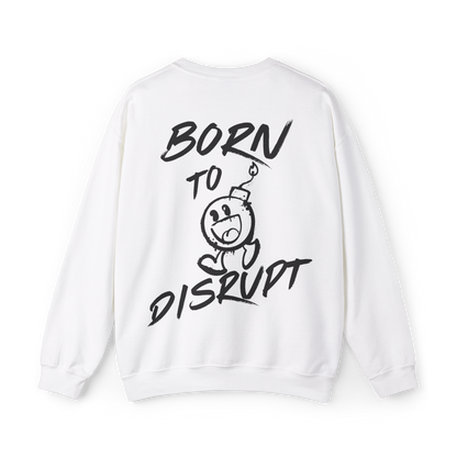 Back view of a white men's sweatshirt with bold 'Born to Disrupt' typography and a playful graphic, ideal for street wear enthusiasts and gym-goers. A sweatshirt essential for men who embrace individuality.