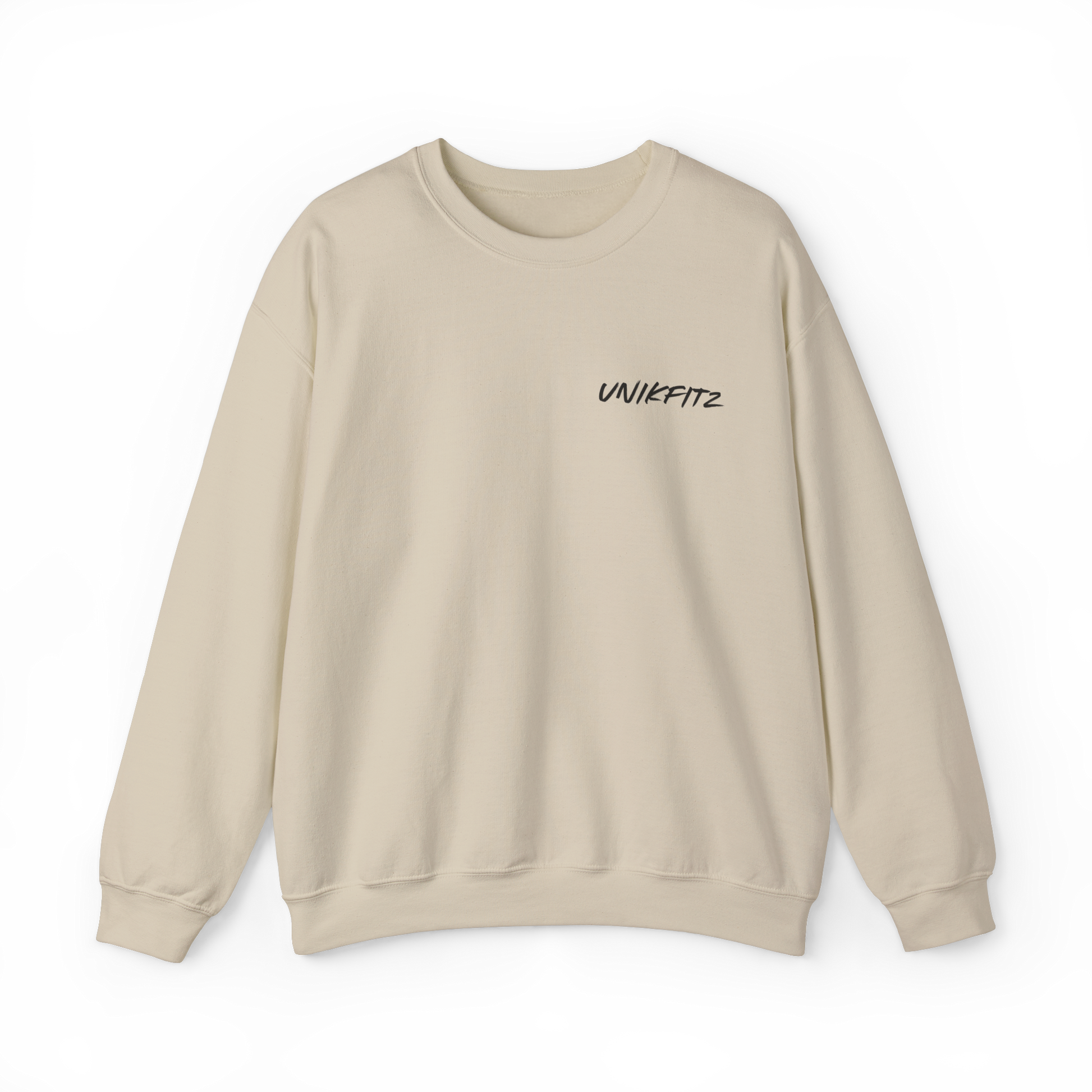 A beige crewneck women's sweatshirt with the UNIKFITZ logo on the front left chest. A versatile piece of women's clothing, perfect for gym wear or as a streetwear essential.