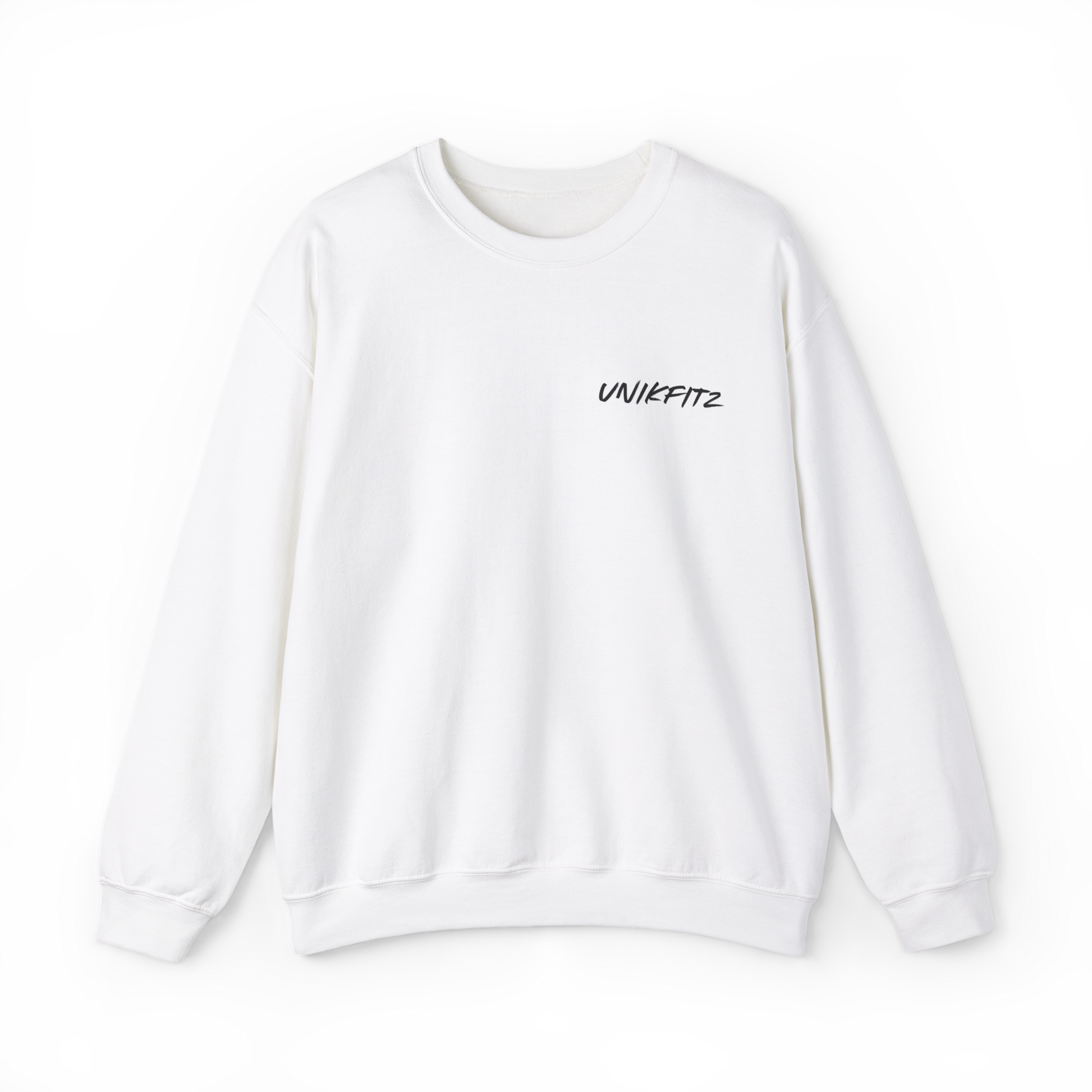Classic white women's sweatshirt with a minimalist 'Unikfitz' logo on the chest. A versatile essential sweatshirt for women, great for street wear, gym, and casual wear