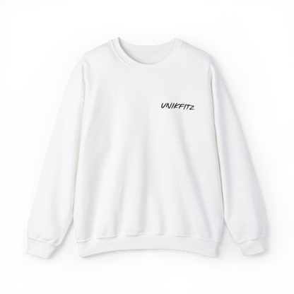 Classic white women's sweatshirt with a minimalist 'Unikfitz' logo on the chest. A versatile essential sweatshirt for women, great for street wear, gym, and casual wear