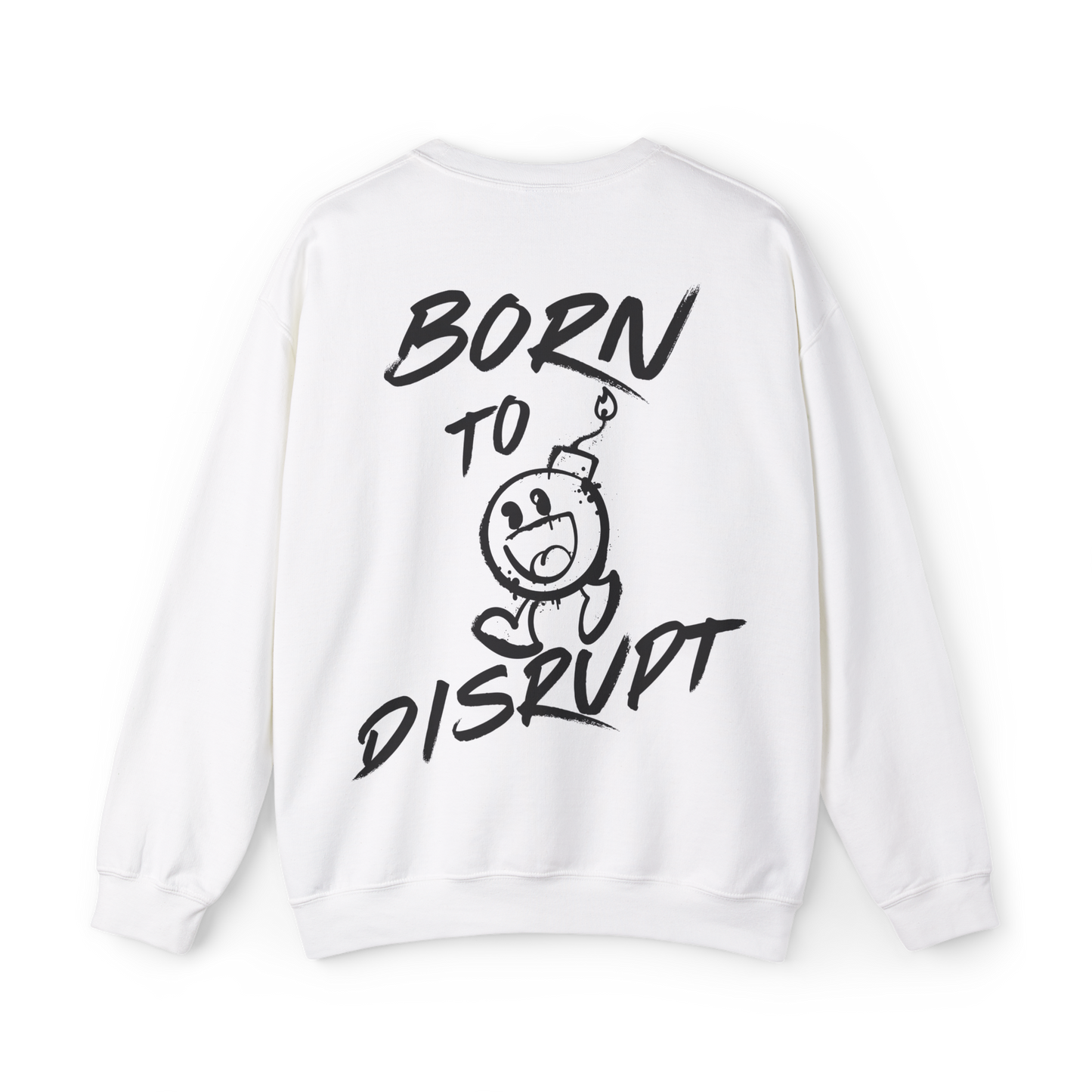Back view of a white women's sweatshirt with bold 'Born to Disrupt' typography and a playful graphic, ideal for street wear enthusiasts and gym-goers. A sweatshirt essential for men who embrace individuality.