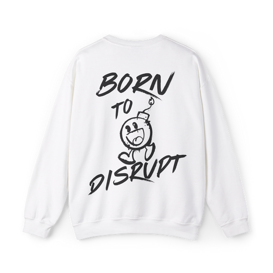 Back view of a white women's sweatshirt with bold 'Born to Disrupt' typography and a playful graphic, ideal for street wear enthusiasts and gym-goers. A sweatshirt essential for men who embrace individuality.
