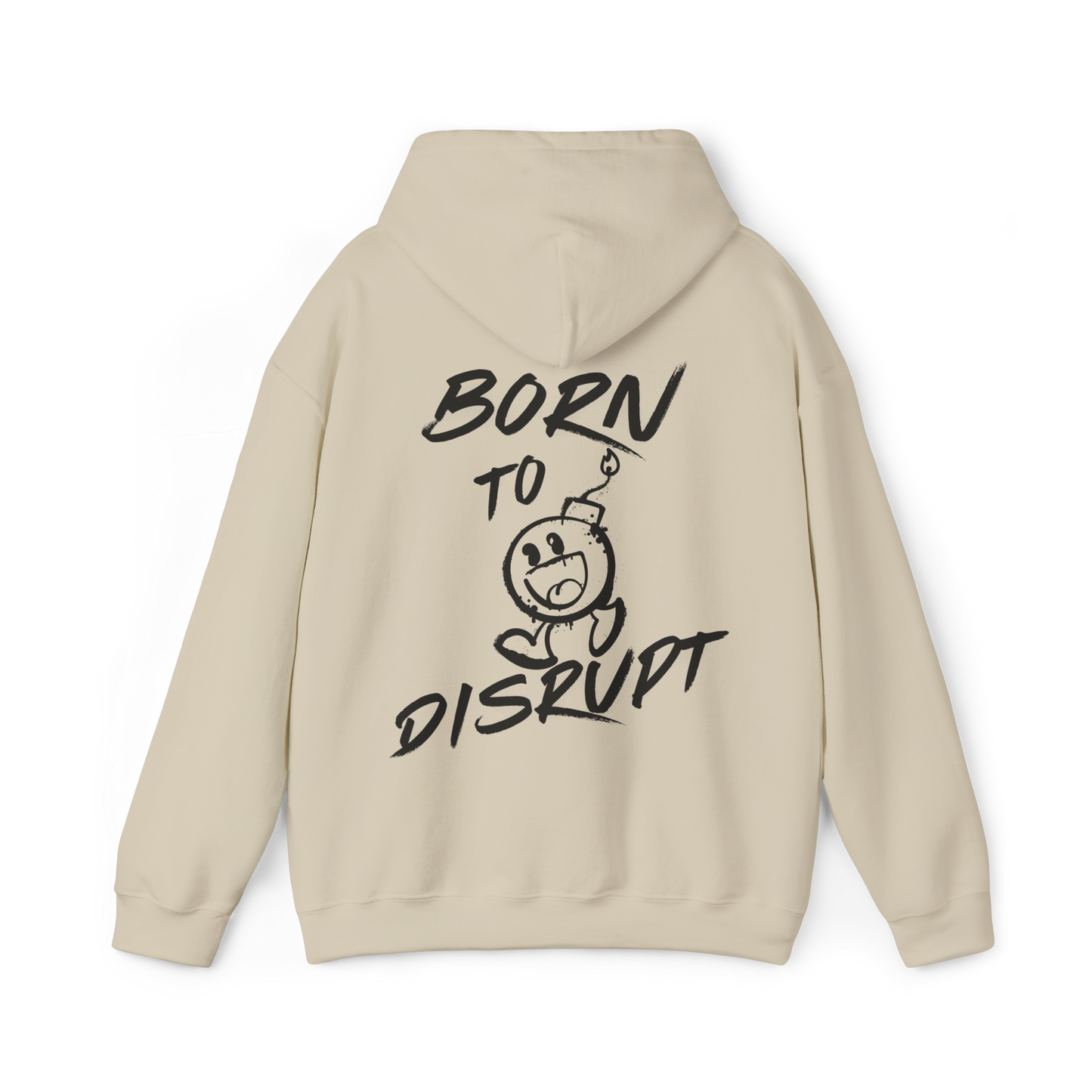 Back of Born to Disrupt women's beige Hoodie featuring bold graffiti-style ‘Born to Disrupt’ typography with a playful bomb mascot. A statement Australian streetwear piece blending urban fashion with gym wear aesthetics. 