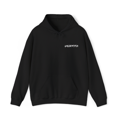 Front view of a minimalist black men's hoodie with the 'Unikfitz' logo in white on the chest, offering a sleek and essential hoodie for men's streetwear style. Ideal for gym sessions or casual wear.