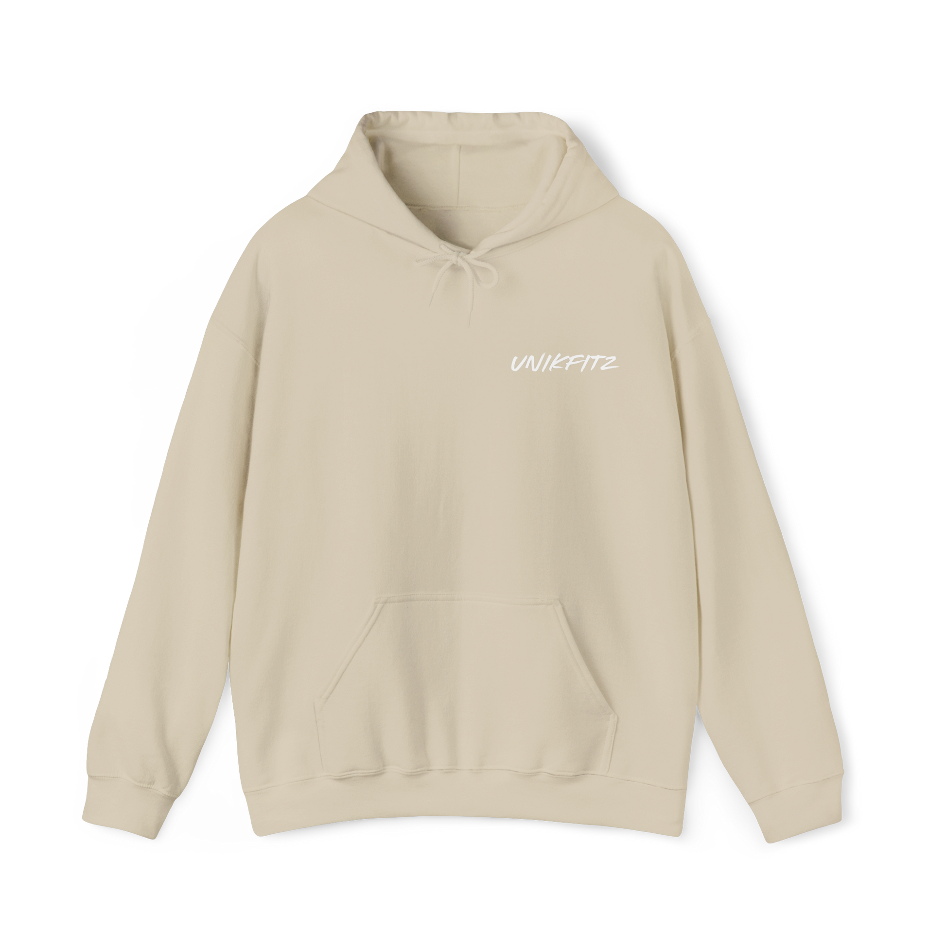 Close-up view of a beige men's hoodie with drawstrings and 'Unikfitz' logo printed in white on the chest. A perfect essential hoodie for men's clothing and streetwear.