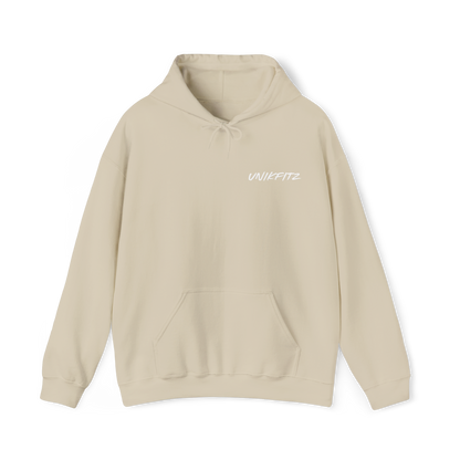 Close-up view of a beige men's hoodie with drawstrings and 'Unikfitz' logo printed in white on the chest. A perfect essential hoodie for men's clothing and streetwear.