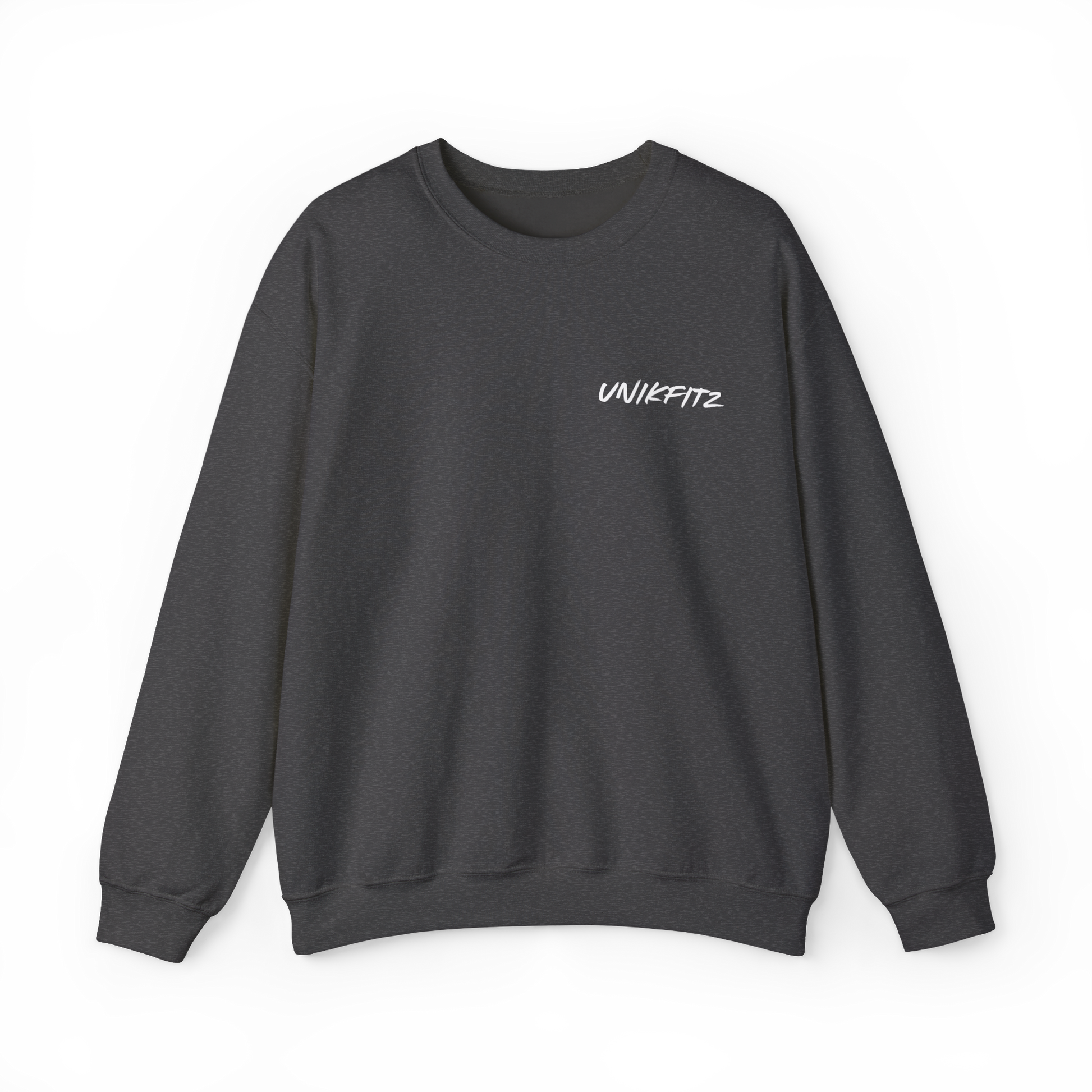 Front view of the Brave & Unbreakable Women's Sweatshirt in charcoal grey, featuring a clean, minimalist UNIKFITZ logo on the chest. A versatile streetwear essential designed for men who embrace resilience and strength, perfect for gym sessions, casual outings, and everyday wear.
