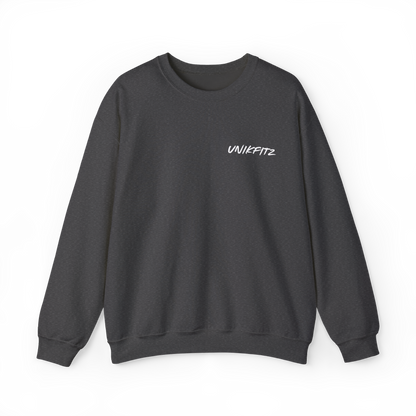 Front view of the Brave & Unbreakable Women's Sweatshirt in charcoal grey, featuring a clean, minimalist UNIKFITZ logo on the chest. A versatile streetwear essential designed for men who embrace resilience and strength, perfect for gym sessions, casual outings, and everyday wear.