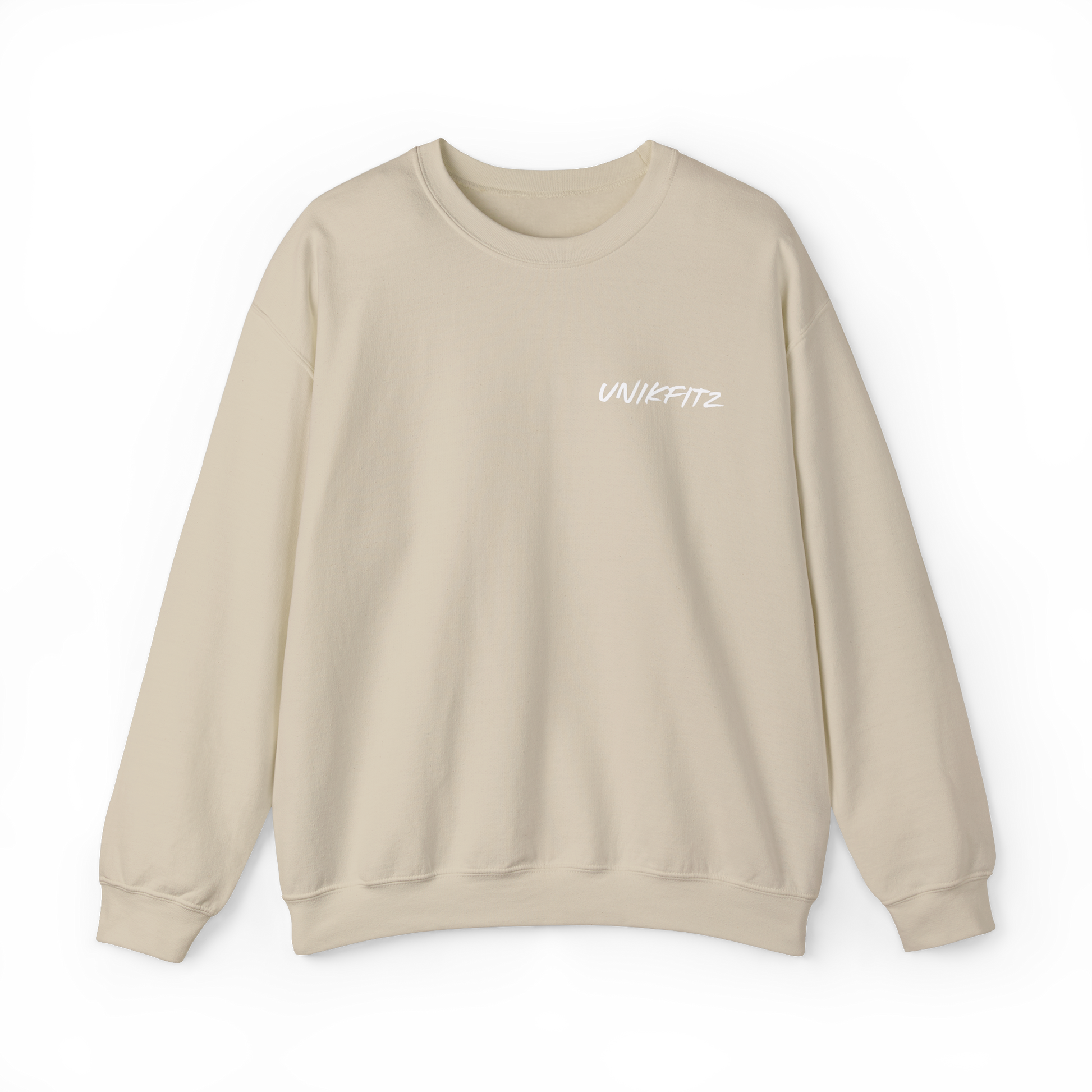 Front view of the Brave & Unbreakable Women's Sweatshirt in beige, featuring a clean, minimalist UNIKFITZ logo on the chest. A versatile streetwear essential designed for women who embrace resilience and strength, perfect for gym sessions, casual outings, and everyday wear.