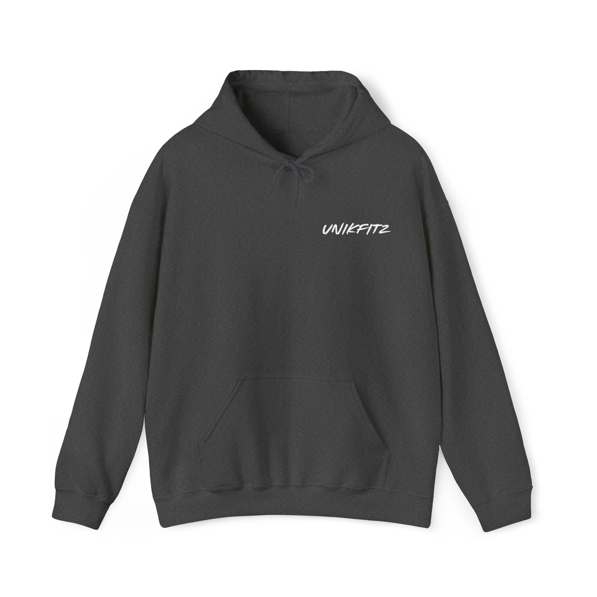 Close-up of a sleek women's charcoal grey hoodie featuring the UNIKFITZ logo in bold white text. Perfect for street wear and gym sessions, this essential hoodie combines style and comfort for the modern woman