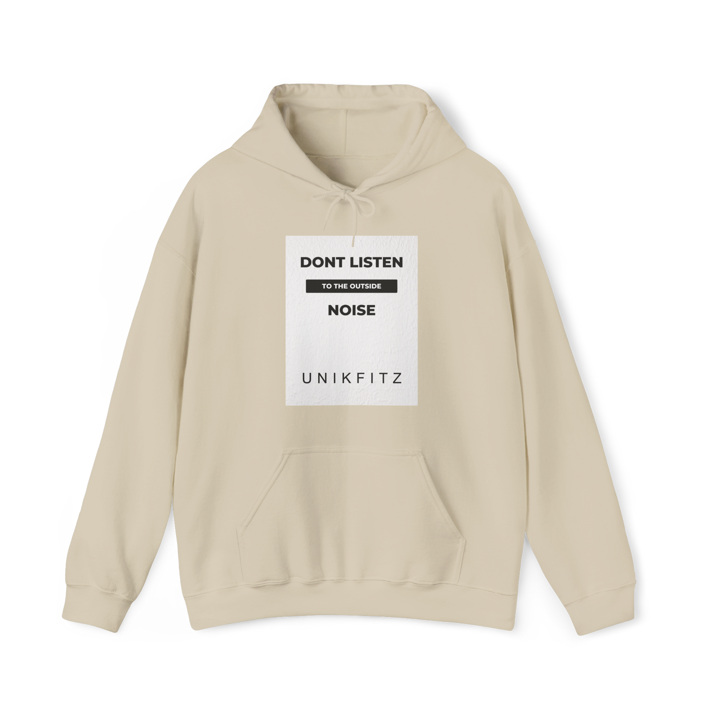 Don't Listen Men's Hoodie in beige by UNIKFITZ, featuring a striking motivational statement in contrasting white. Crafted for urban wear, gym sessions, and streetwear fashion, this essential men's hoodie defines bold and confident style