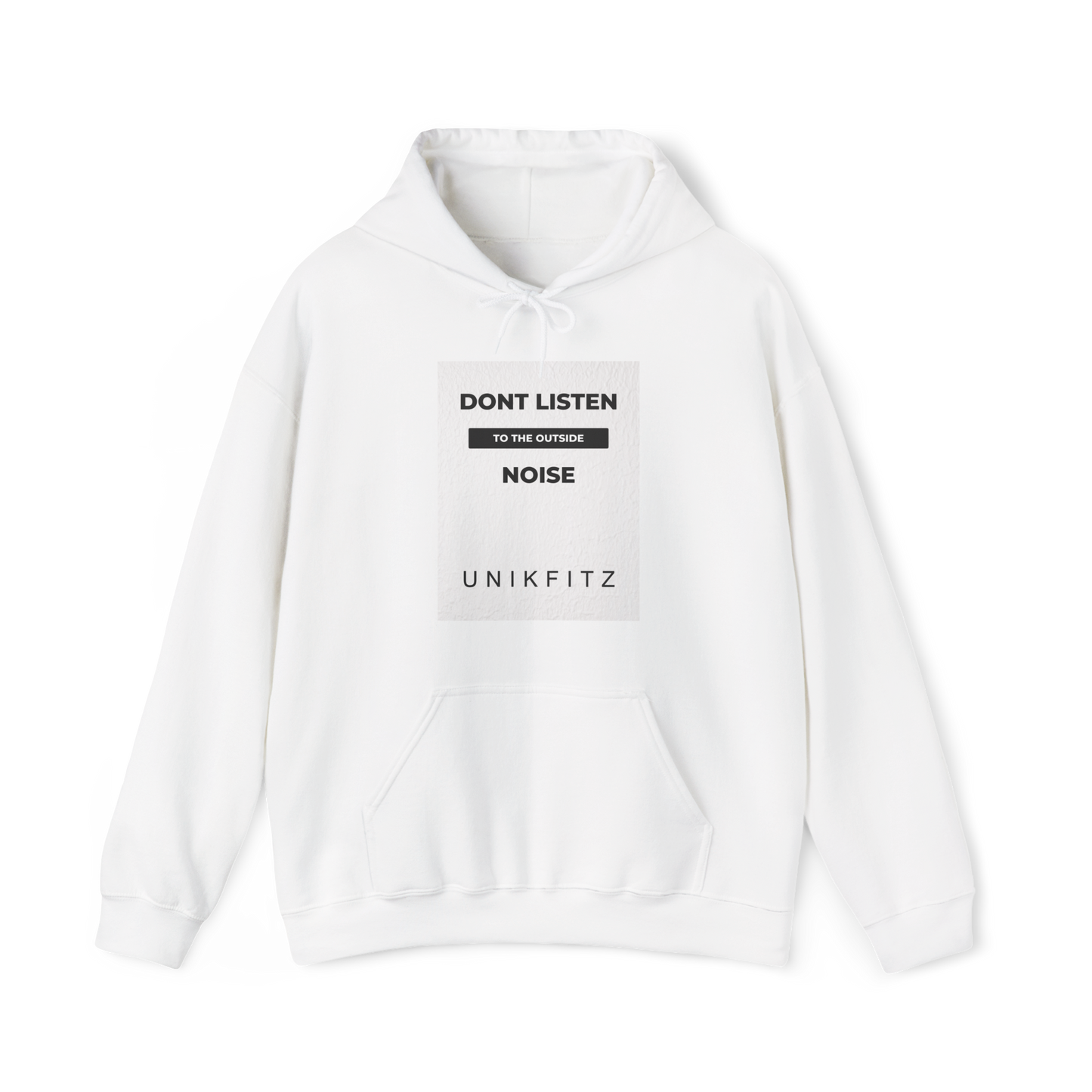 Don't Listen Men's Hoodie in white by UNIKFITZ, featuring a striking motivational statement in contrasting white. Crafted for urban wear, gym sessions, and streetwear fashion, this essential men's hoodie defines bold and confident style.
