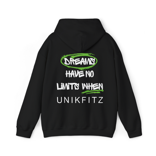 Back of the Dreams Have No Limits Men's black Hoodie – bold graffiti-style typography with an inspiring streetwear message, a must-have statement piece for gym lovers and urban fashion enthusiasts.