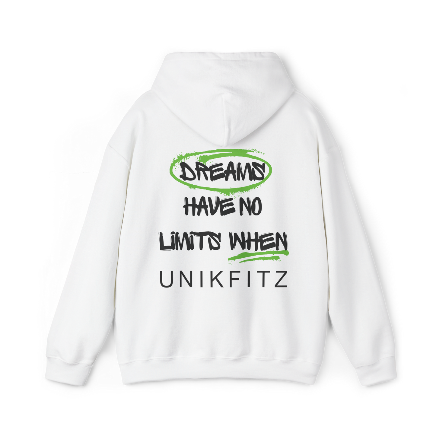Back of the Dreams Have No Limits Men's white Hoodie – bold graffiti-style typography with an inspiring streetwear message, a must-have statement piece for gym lovers and urban fashion enthusiastssweatshirts for men, combining comfort, durability, and standout streetwear appeal