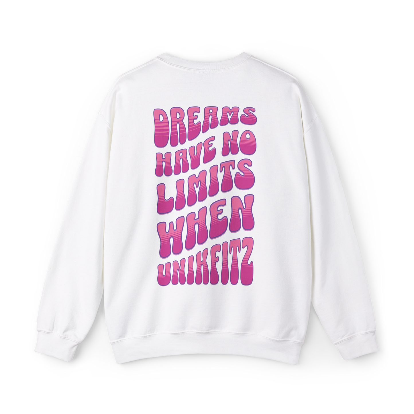 Back of the UNIKFITZ Dreams Have No Limits women's Sweatshirt featuring bold typography with motivational graffiti-style text. A must-have Australian streetwear essential, perfect for women's gym clothing, urban wear, and statement fashion.