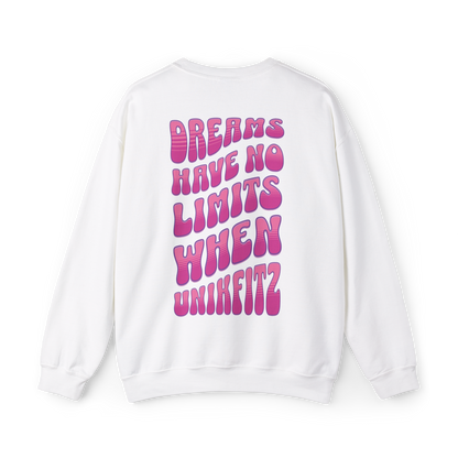 Back of the UNIKFITZ Dreams Have No Limits women's Sweatshirt featuring bold typography with motivational graffiti-style text. A must-have Australian streetwear essential, perfect for women's gym clothing, urban wear, and statement fashion.