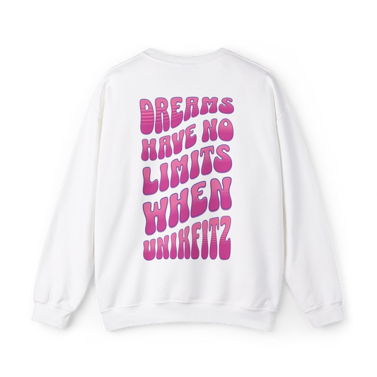 Back of the UNIKFITZ Dreams Have No Limits women's Sweatshirt featuring bold typography with motivational graffiti-style text. A must-have Australian streetwear essential, perfect for women's gym clothing, urban wear, and statement fashion.