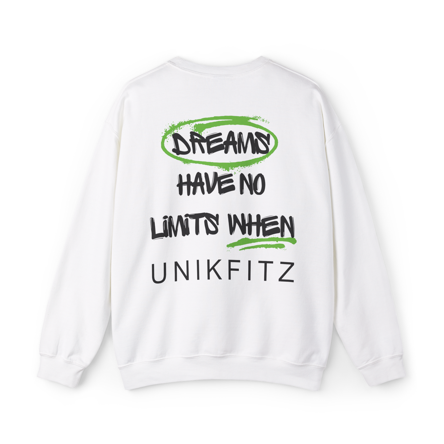 Back of the UNIKFITZ Dreams Have No Limits Women's Sweatshirt featuring bold typography with motivational graffiti-style text. A must-have Australian streetwear essential, perfect for women's gym clothing, urban wear, and statement fashion.