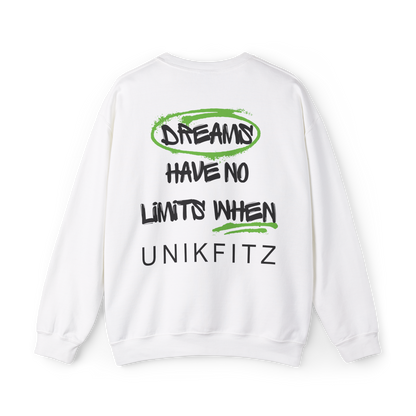 Back of the UNIKFITZ Dreams Have No Limits Women's Sweatshirt featuring bold typography with motivational graffiti-style text. A must-have Australian streetwear essential, perfect for women's gym clothing, urban wear, and statement fashion.