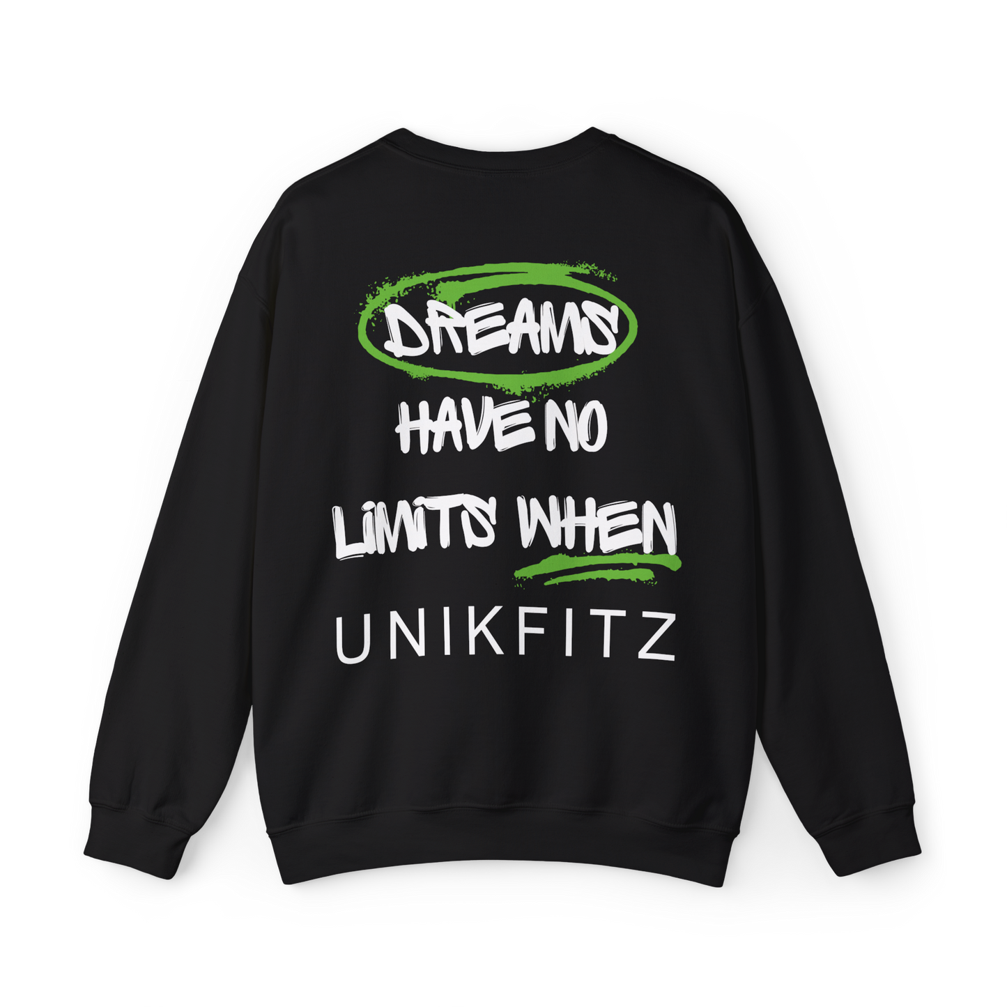 Back of the UNIKFITZ Dreams Have No Limits women's Sweatshirt featuring bold typography with motivational graffiti-style text. A must-have Australian streetwear essential, perfect for women's gym clothing, urban wear, and statement fashion.