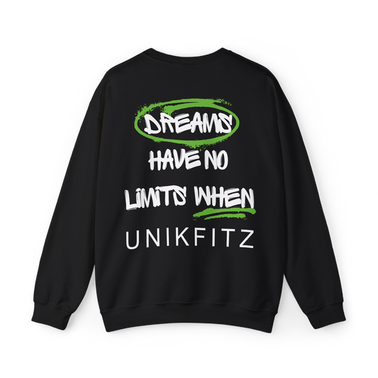 Back of the UNIKFITZ Dreams Have No Limits women's Sweatshirt featuring bold typography with motivational graffiti-style text. A must-have Australian streetwear essential, perfect for women's gym clothing, urban wear, and statement fashion.