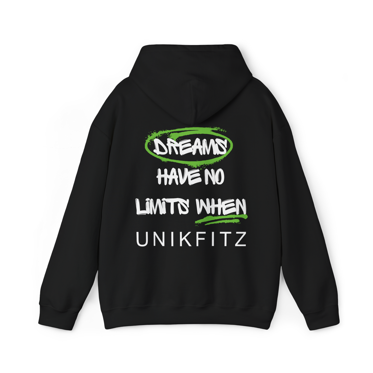Back of the Dreams Have No Limits women's black Hoodie – bold graffiti-style typography with an inspiring streetwear message, a must-have statement piece for gym lovers and urban fashion enthusiasts.