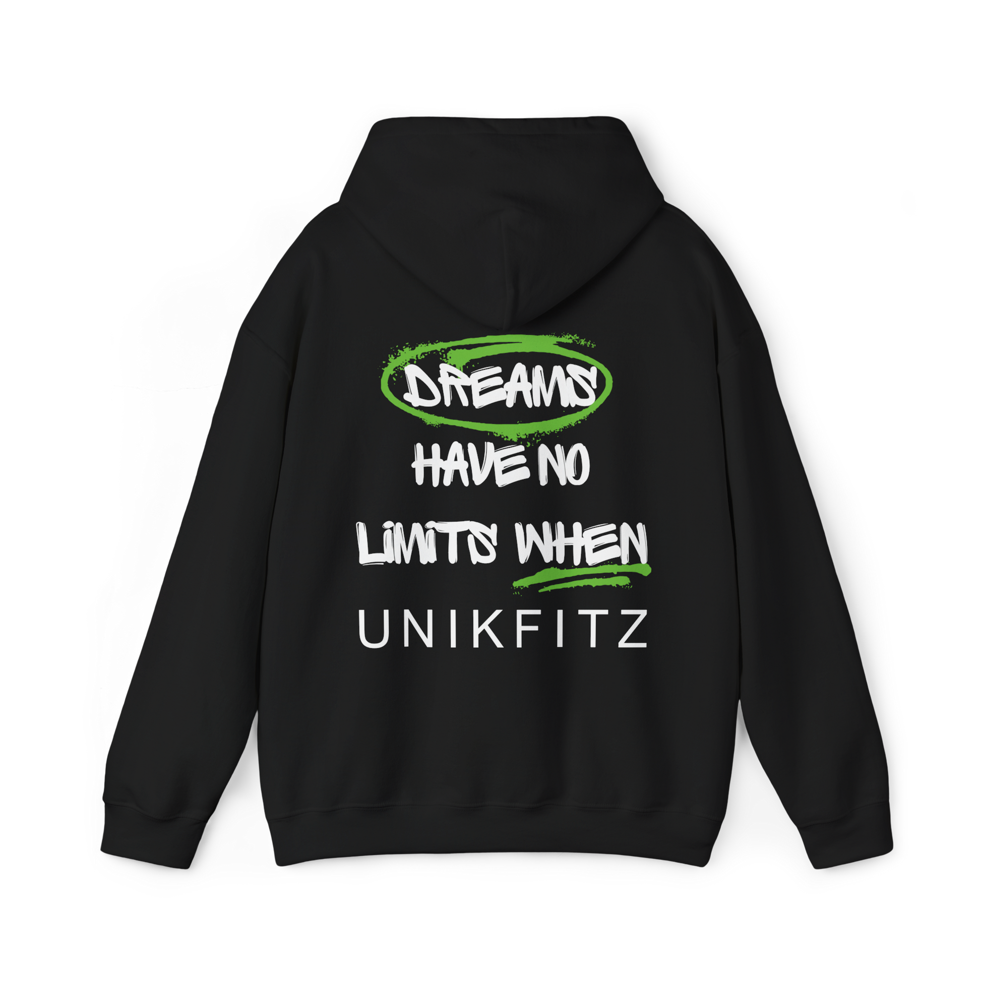 Back of the Dreams Have No Limits women's black Hoodie – bold graffiti-style typography with an inspiring streetwear message, a must-have statement piece for gym lovers and urban fashion enthusiasts.