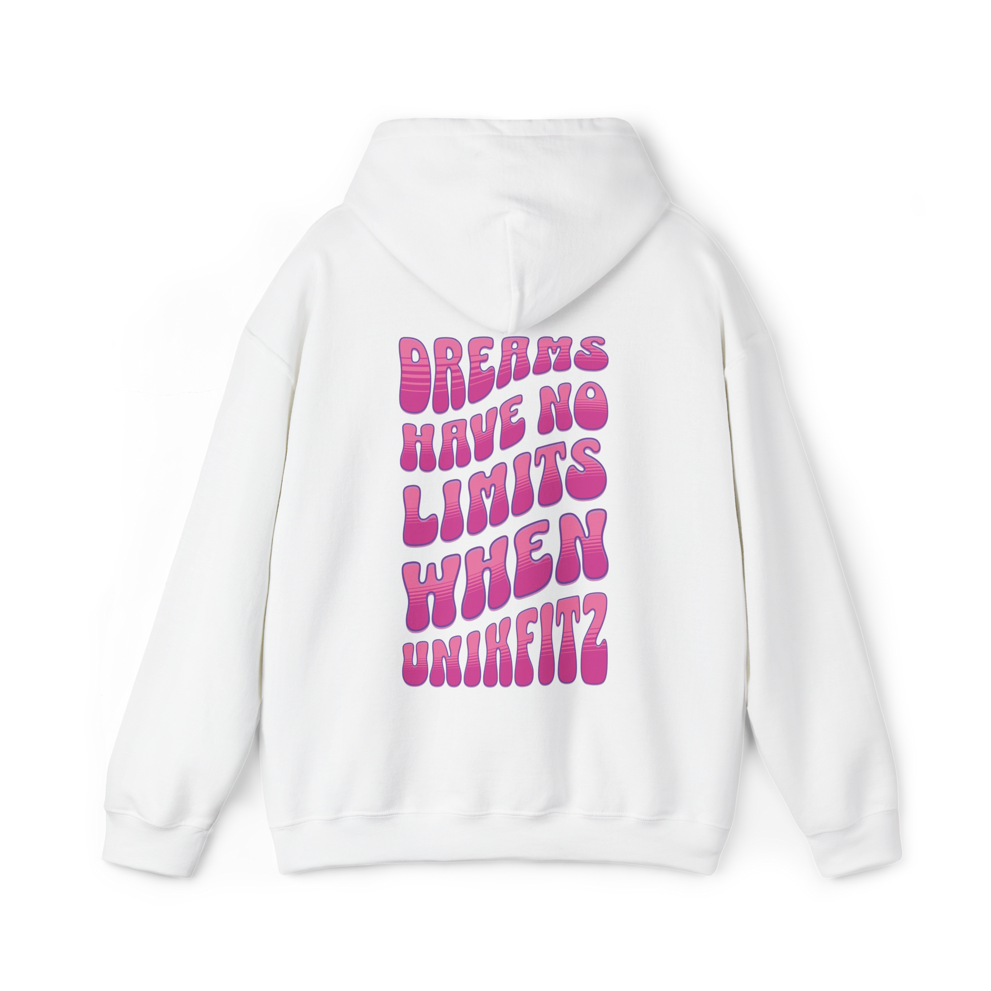 Back of the Dreams Have No Limits women's white Hoodie – bold graffiti-style typography with an inspiring streetwear message, a must-have statement piece for gym lovers and urban fashion enthusiasts.
