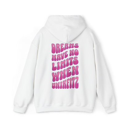 Back of the Dreams Have No Limits women's white Hoodie – bold graffiti-style typography with an inspiring streetwear message, a must-have statement piece for gym lovers and urban fashion enthusiasts.