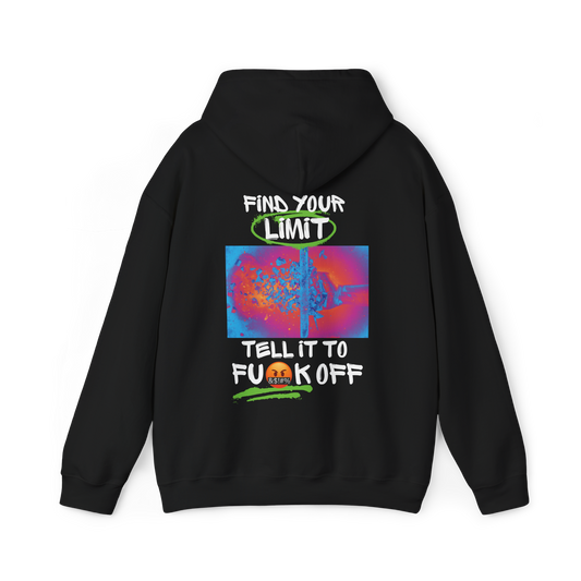 Find Your Limits Men's black Hoodie featuring an edgy back design with an electrifying color print and bold typography. This high-impact streetwear hoodie embodies resilience and raw energy, making it a statement piece for men's wear, men's clothing gym, and urban fashion lovers