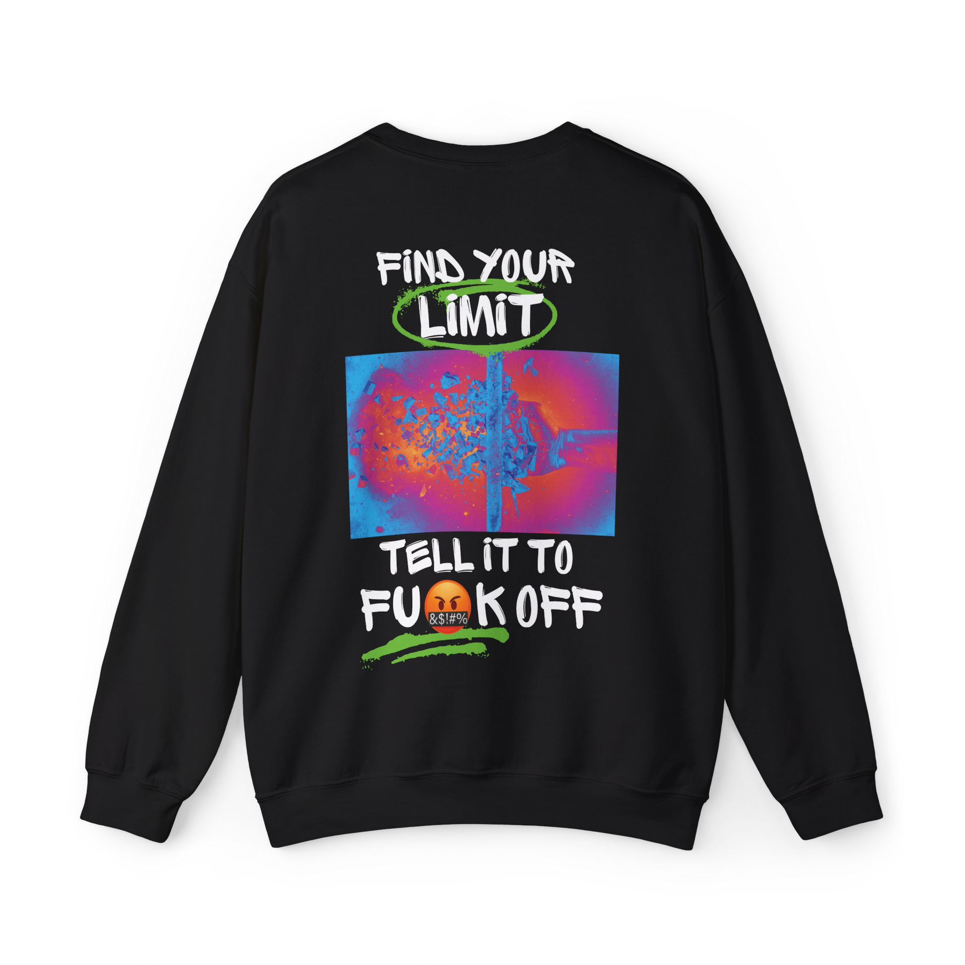 Back view of the Find Your Limits Men's Sweatshirt by UNIKFITZ, featuring a bold, colorful graphic design with motivational text. This statement streetwear piece is a must-have for men's wear, gym outfits, and casual everyday looks in Australian streetwear fashion