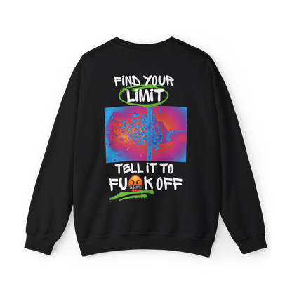 Back view of the Find Your Limits Men's Sweatshirt by UNIKFITZ, featuring a bold, colorful graphic design with motivational text. This statement streetwear piece is a must-have for men's wear, gym outfits, and casual everyday looks in Australian streetwear fashion