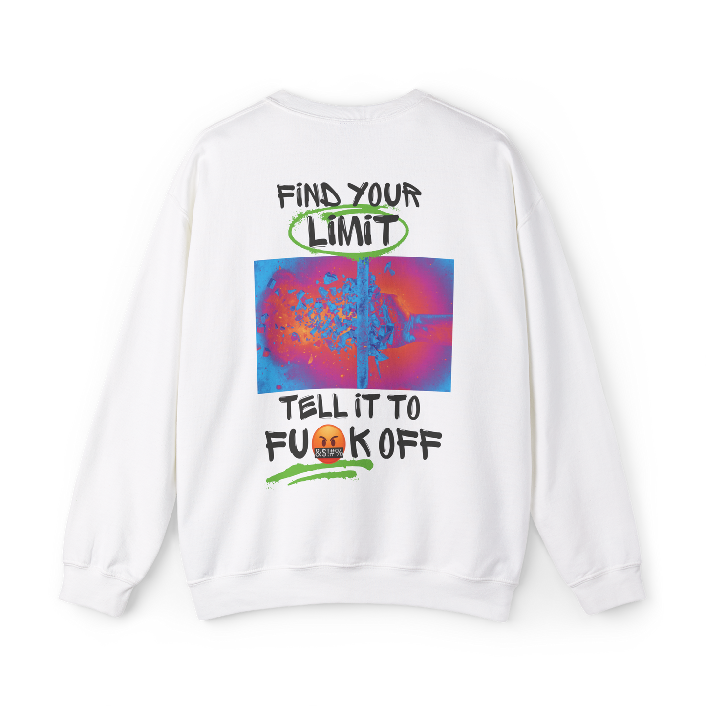 Back view of the Find Your Limits Men's Sweatshirt by UNIKFITZ, featuring a bold, colorful graphic design with motivational text. This statement streetwear piece is a must-have for men's wear, gym outfits, and casual everyday looks in Australian streetwear fashion.