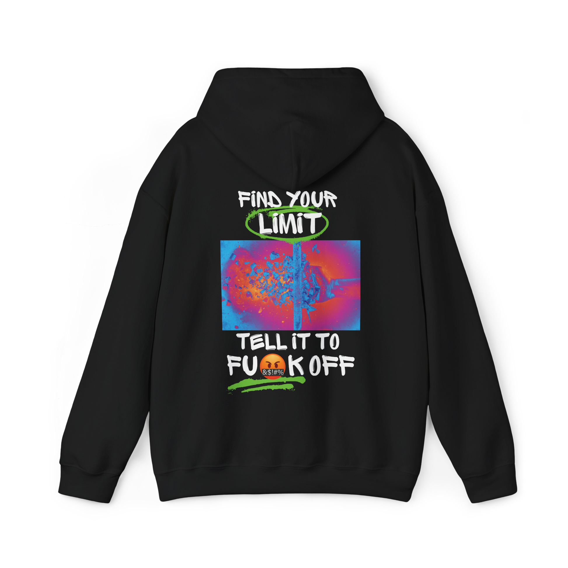 Find Your Limits women's black Hoodie featuring an edgy back design with an electrifying color print and bold typography. This high-impact streetwear hoodie embodies resilience and raw energy, making it a statement piece for women's wear, women's clothing gym, and urban fashion lovers