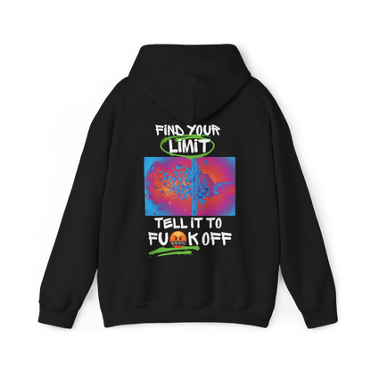Find Your Limits women's black Hoodie featuring an edgy back design with an electrifying color print and bold typography. This high-impact streetwear hoodie embodies resilience and raw energy, making it a statement piece for women's wear, women's clothing gym, and urban fashion lovers