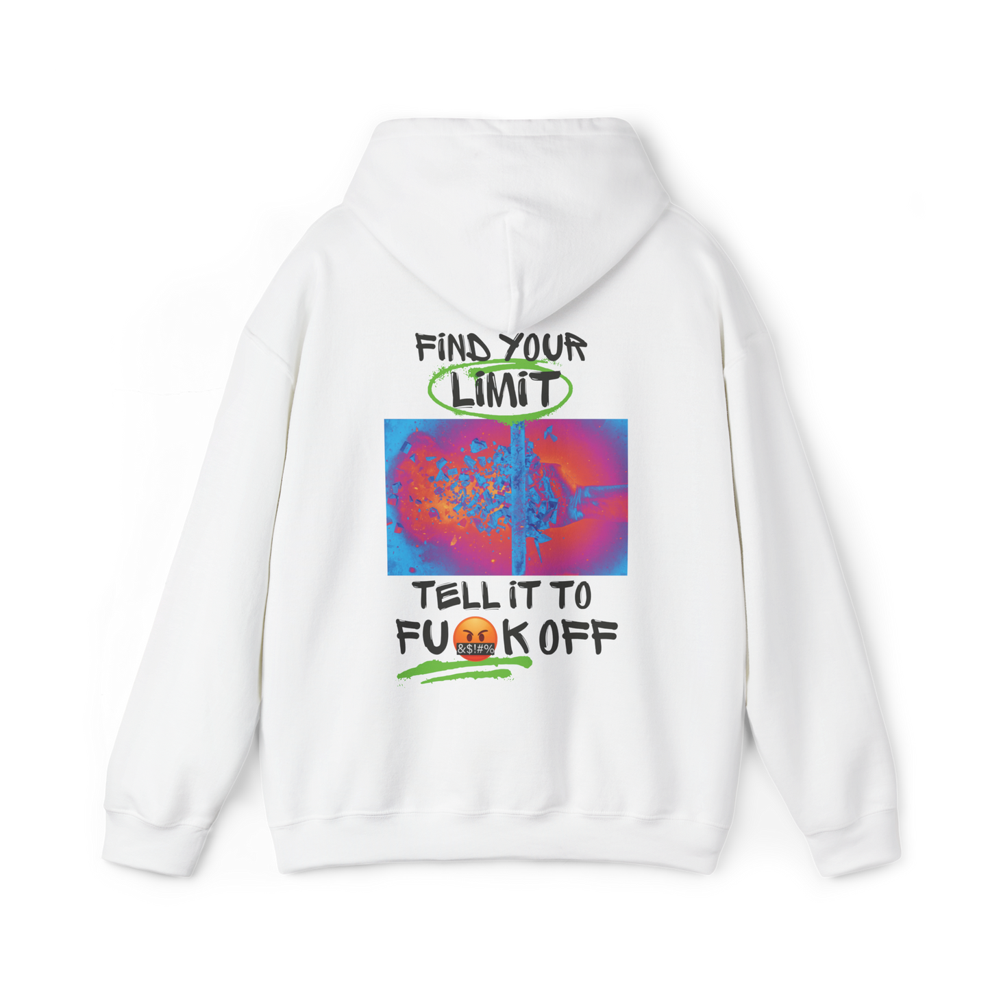 Find Your Limits women's white Hoodie featuring an edgy back design with an electrifying color print and bold typography. This high-impact streetwear hoodie embodies resilience and raw energy, making it a statement piece for women's wear, women's clothing gym, and urban fashion lovers.