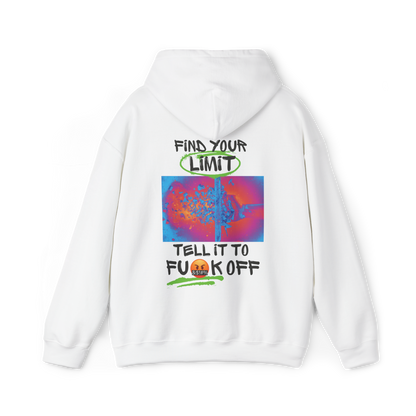 Find Your Limits women's white Hoodie featuring an edgy back design with an electrifying color print and bold typography. This high-impact streetwear hoodie embodies resilience and raw energy, making it a statement piece for women's wear, women's clothing gym, and urban fashion lovers.