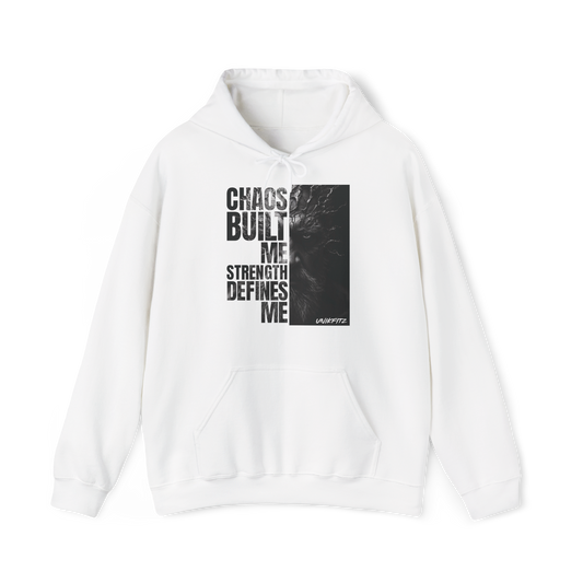 Full front view of the Forged in Chaos Men's Hoodie in white, featuring a bold, motivational print with powerful black and white artwork. A must-have in men’s wear collections, this hoodie blends street wear and essential t-shirt style for urban warriors.