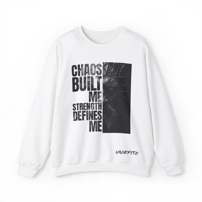 Forged in Chaos Men's white Sweatshirt by UNIKFITZ in white, featuring a bold distressed typography print with a cracked face graphic. A statement piece in Australian streetwear, this oversized sweatshirt is perfect for gym sessions, urban fashion, and essential men's wear style.