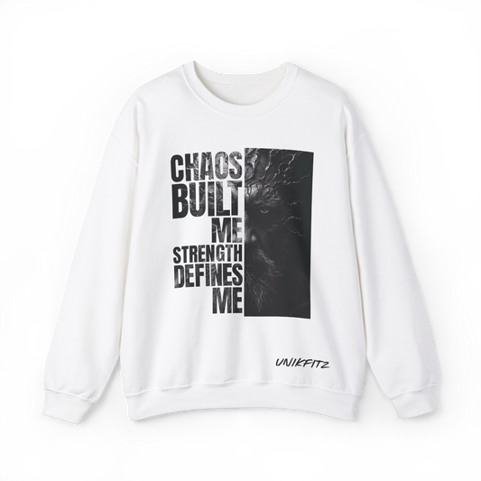 Forged in Chaos Men's white Sweatshirt by UNIKFITZ in white, featuring a bold distressed typography print with a cracked face graphic. A statement piece in Australian streetwear, this oversized sweatshirt is perfect for gym sessions, urban fashion, and essential men's wear style.