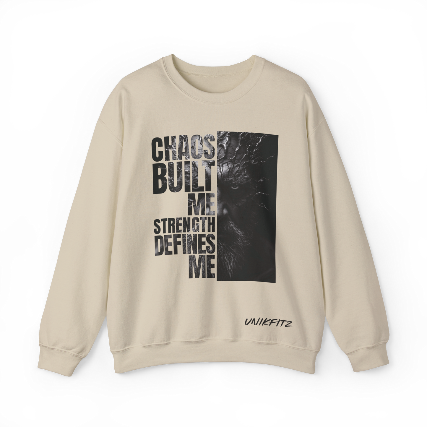 Forged in Chaos Men's Sweatshirt by UNIKFITZ in Beige, featuring a bold distressed typography print with a cracked face graphic. A statement piece in Australian streetwear, this oversized sweatshirt is perfect for gym sessions, urban fashion, and essential men's wear style.