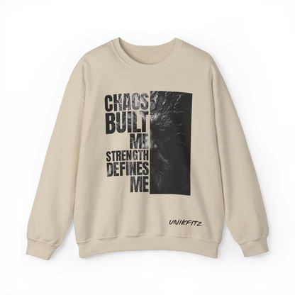 Forged in Chaos Men's Sweatshirt by UNIKFITZ in Beige, featuring a bold distressed typography print with a cracked face graphic. A statement piece in Australian streetwear, this oversized sweatshirt is perfect for gym sessions, urban fashion, and essential men's wear style.