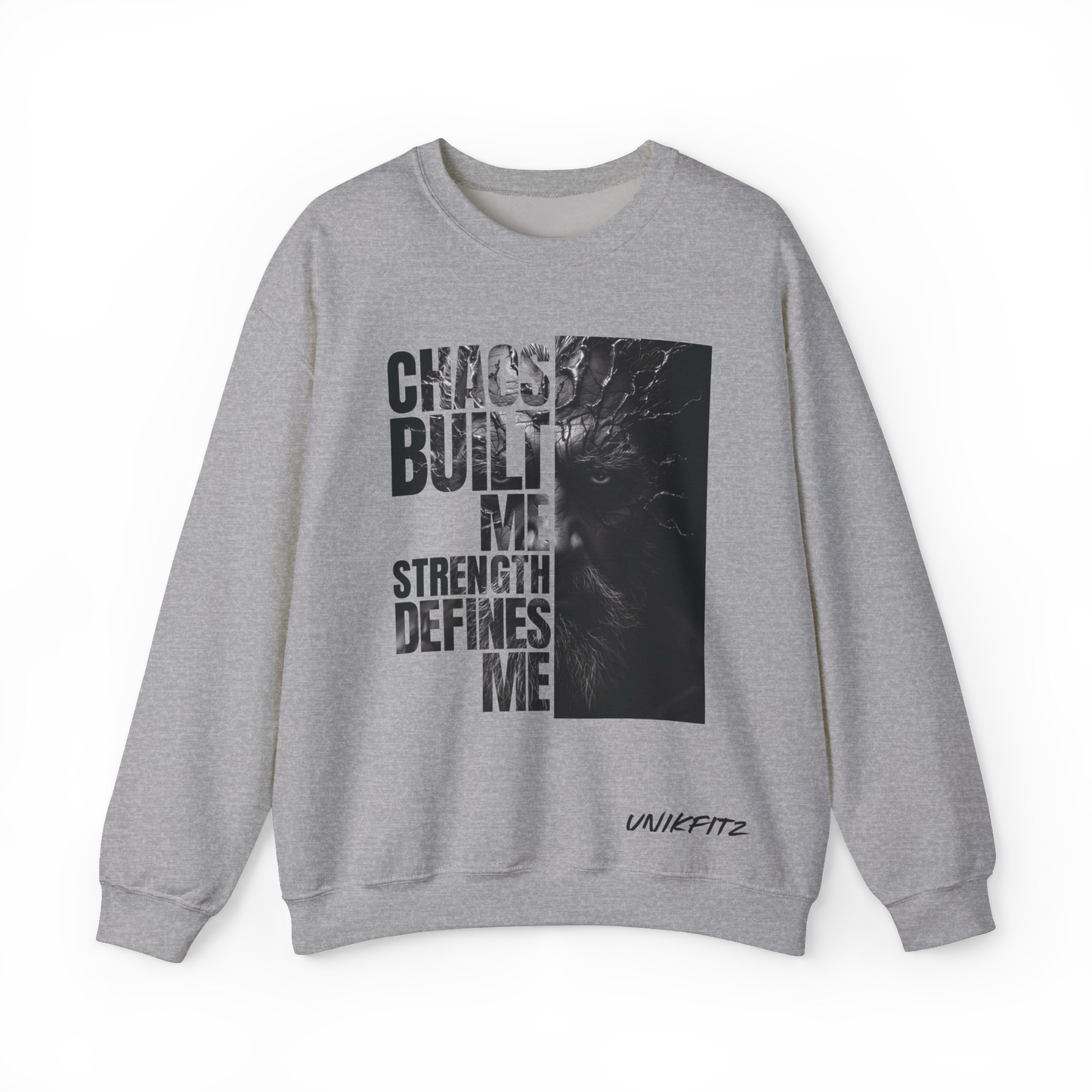 Forged in Chaos Men's Grey Sweatshirt by UNIKFITZ in sport grey, featuring a bold distressed typography print with a cracked face graphic. A statement piece in Australian streetwear, this oversized sweatshirt is perfect for gym sessions, urban fashion, and essential men's wear style.